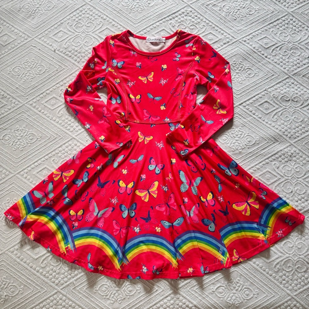 Colorful Butterfly and Rainbow Kids Red, Long-sleeved Dress